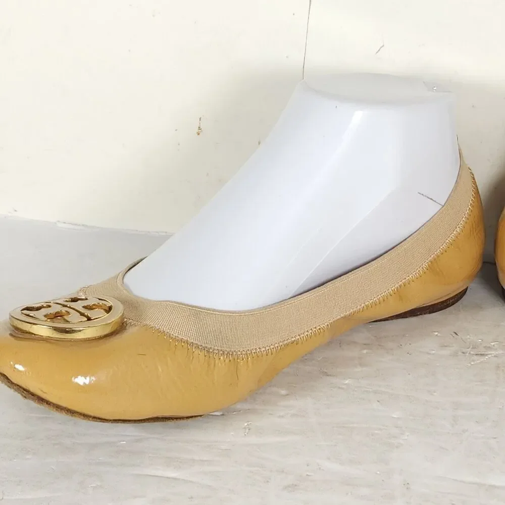 TORY BURCH Women's Caroline 2 US 8M Tan Leather Logo Slip On Ballet Flats